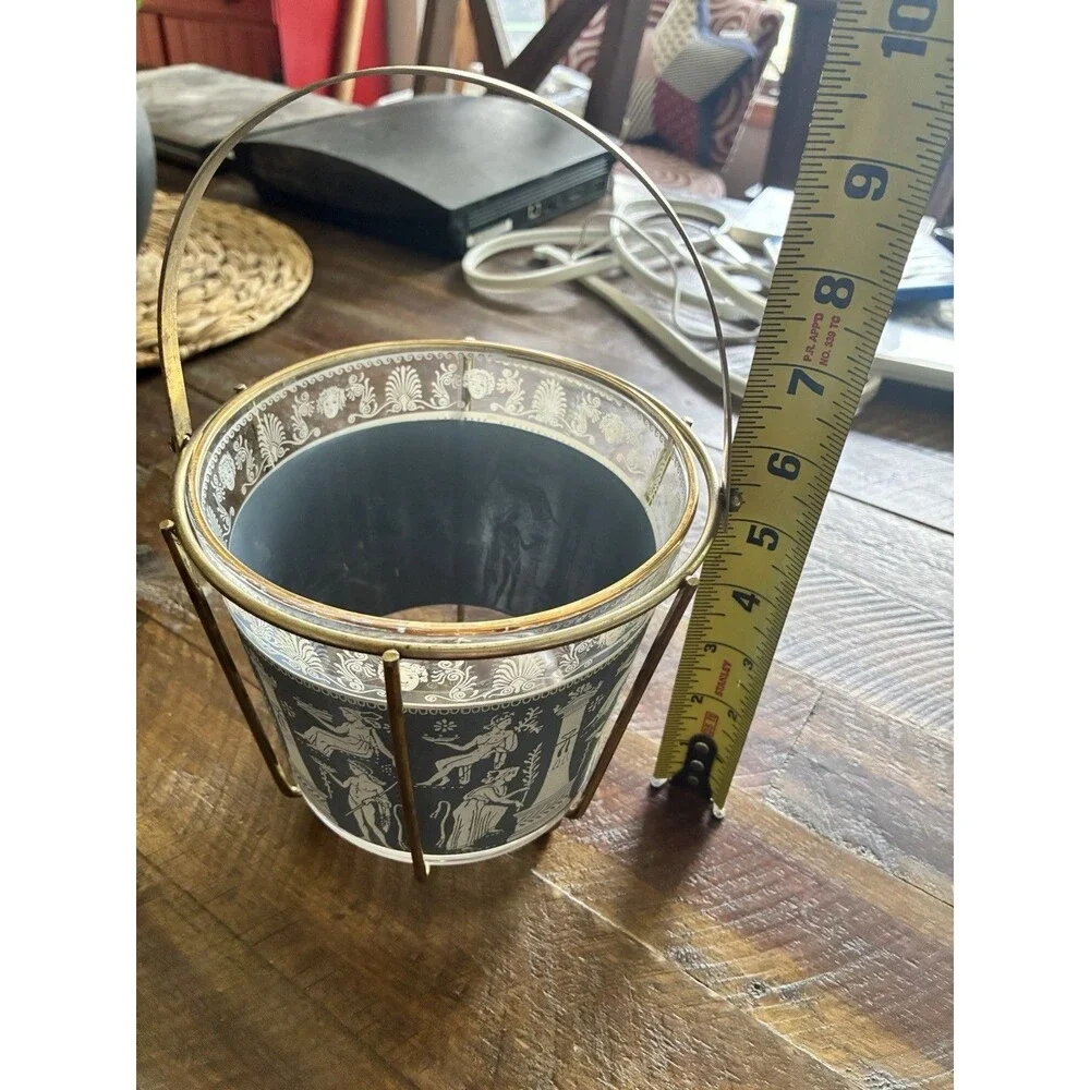 Vintage Greek Key Ice Bucket & 6 Rocks Glasses Grecian Gods MCM Barware Set